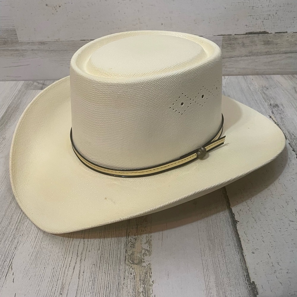 Arlop Vintage Coated Straw Banded Hat size 7 1/8‎ Mexico White Ivory